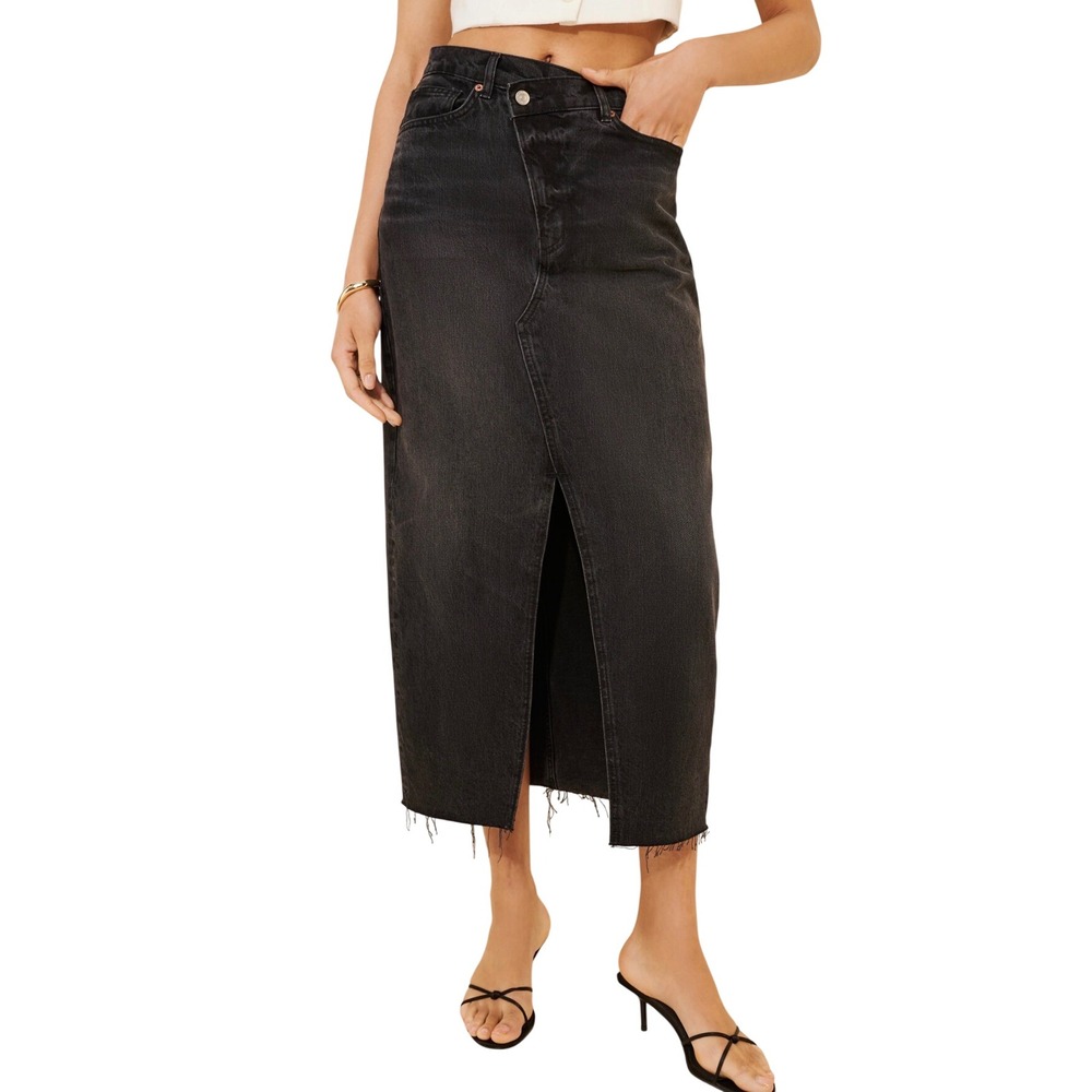 NWT Reformation Nila Long Denim Skirt Nome Black Crossover Waist Maxi Size 27